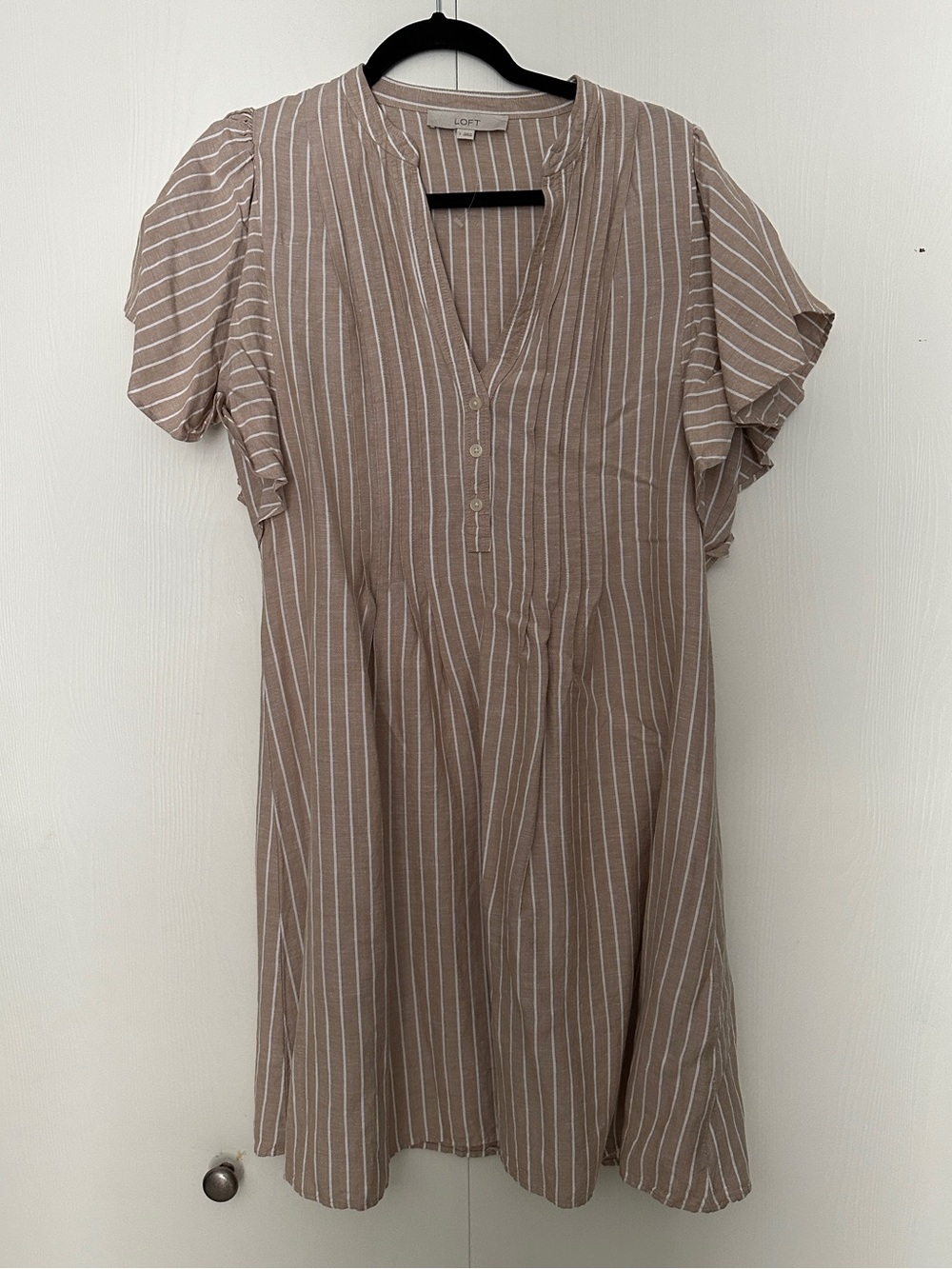 LOFT Taupe & White Striped Dress with Flutter Sleeves